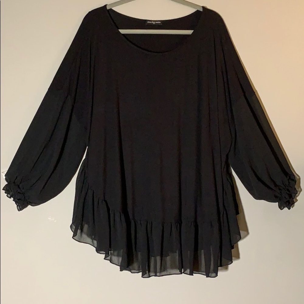 Black blouse with sheer chiffon arms and ruffle